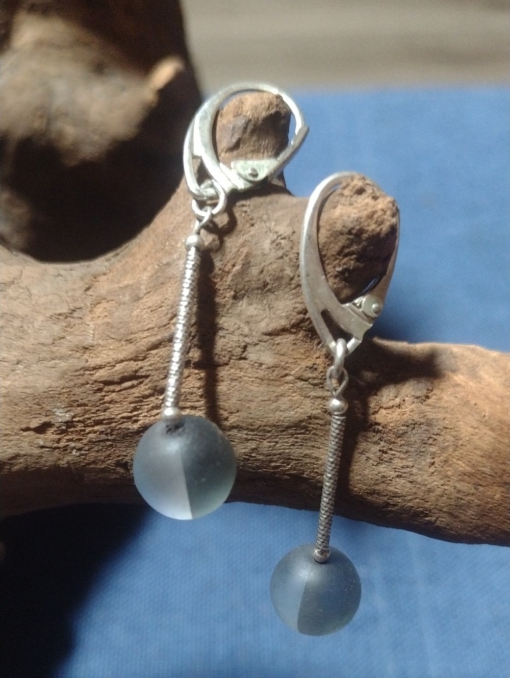 Silver Drop Earrings with Frosted Blue Beads - Women's Jewelry